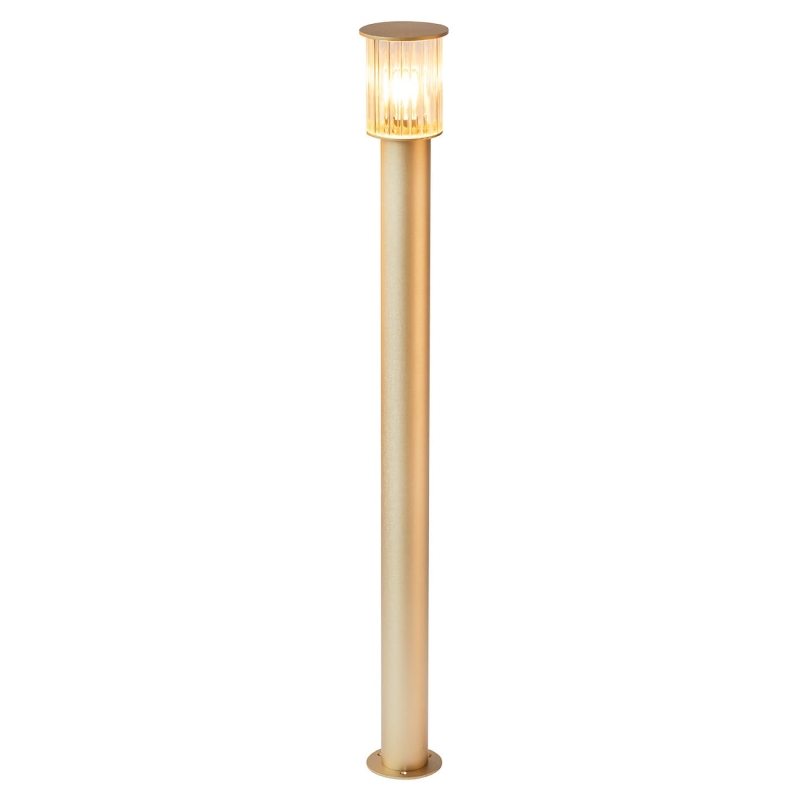 Złota wysoka lampa słupek ogrodowy NORFOLK z aluminium i ryflowanego szkła.