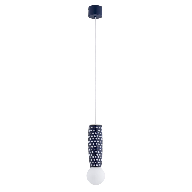 Kobaltowa lampa wisząca z ceramiki bolesławieckiej z klasycznym wzorem prostych białych kropek na kobaltowym tle BOLL 8937.