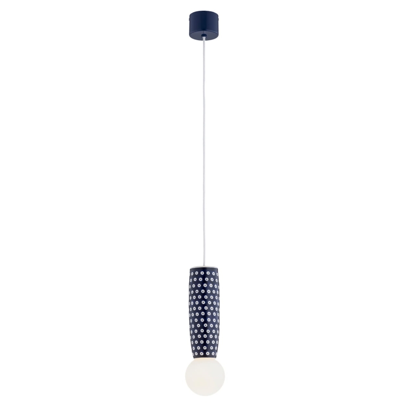 Kobaltowa lampa wisząca z ceramiki bolesławieckiej z klasycznym wzorem prostych białych kropek na kobaltowym tle BOLL 8937.