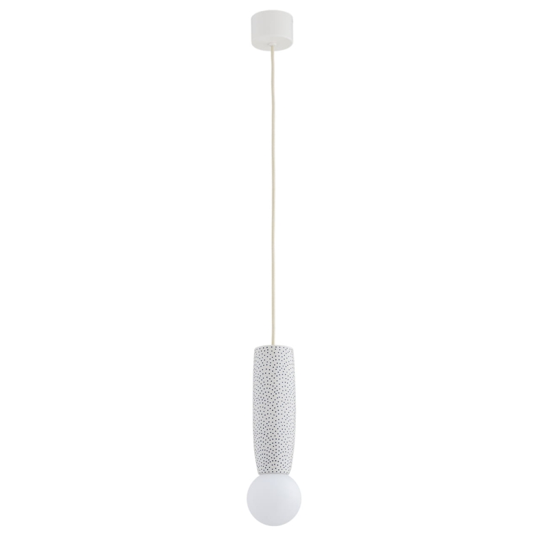 Kremowa lampa wisząca z ceramiki bolesławieckiej z klasycznym wzorem prostych białych kropek na kobaltowym tle BOLL 8938.