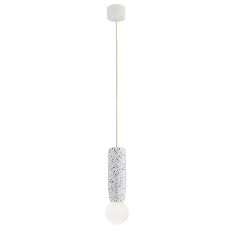 Kremowa lampa wisząca z ceramiki bolesławieckiej z klasycznym wzorem prostych białych kropek na kobaltowym tle BOLL 8938.