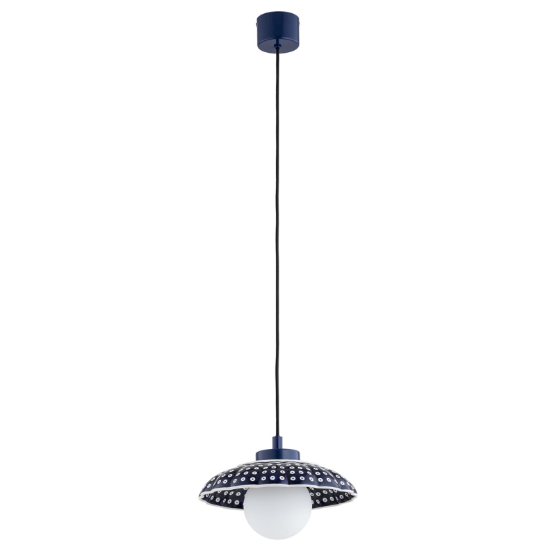 Granatowa lampa wisząca z ceramiki bolesławieckiej z z kloszem w kształcie muszli i mleczną kulą BOLL 8948.
