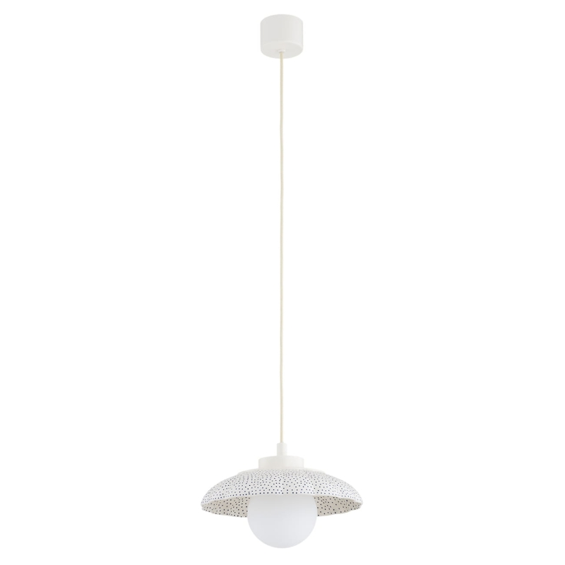 Kremowa lampa wisząca w drobne kropki z ceramiki bolesławieckiej z z kloszem w kształcie muszli i mleczną kulą BOLL 8948.