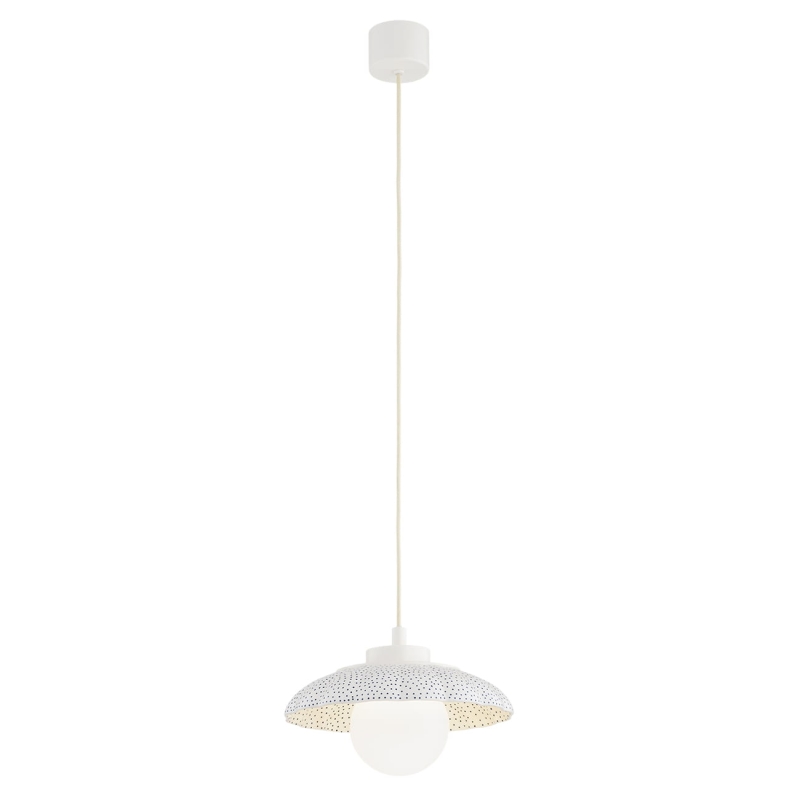 Kremowa lampa wisząca w granatowe kropki z ceramiki bolesławieckiej z z kloszem w kształcie muszli i mleczną kulą BOLL 8948.