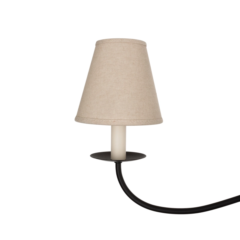 Podłużny czarny gięty żyrandol podwójny z lnianymi abażurami z oprawkami w kształcie świec. Podłużny żyrandol w stylu modern farmhouse ELINEA - abażur.