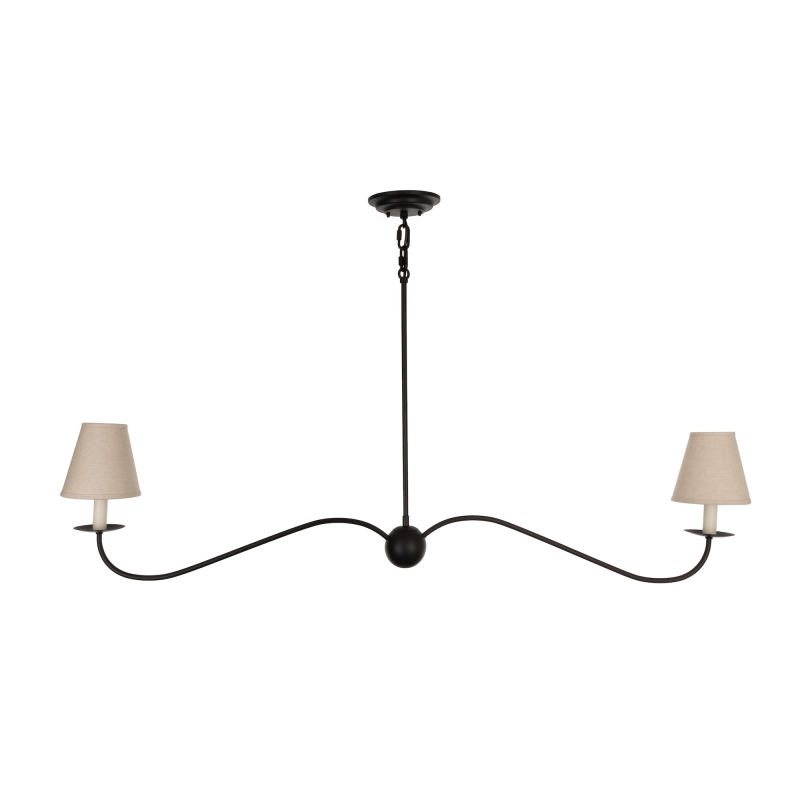 Podłużny czarny gięty żyrandol podwójny z lnianymi abażurami z oprawkami w kształcie świec. Podłużny żyrandol w stylu modern farmhouse ELINEA.