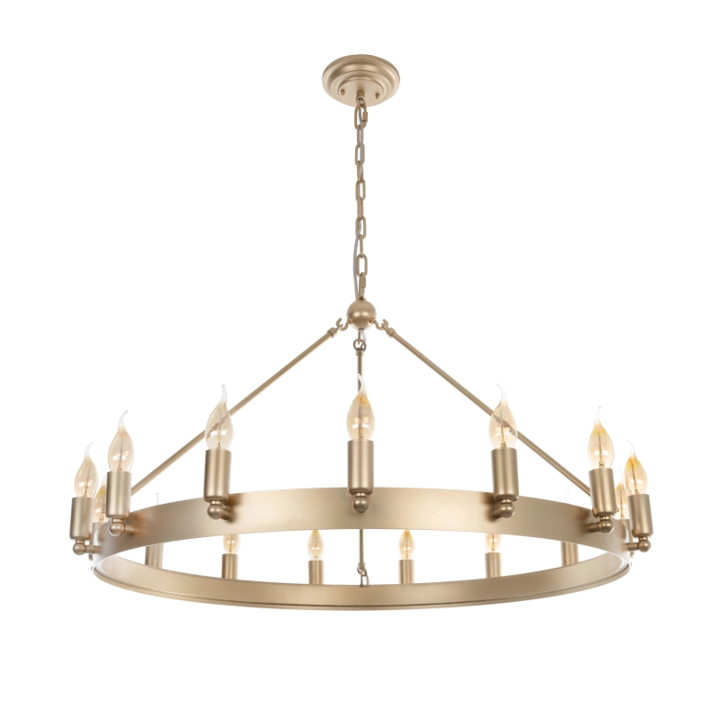 Duży złoty okrągły żyrandol o średnicy 115 cm z dekoracyjnymi oprawkami CROWN.