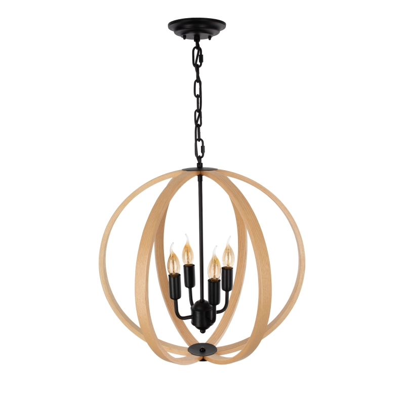 Czarna lampa wisząca z drewnianym kloszem w kształcie kuli w rustykalnym stylu MOON.