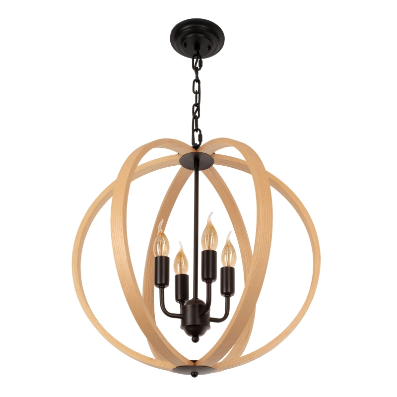 Czarna lampa wisząca z drewnianym kloszem w kształcie kuli w rustykalnym stylu MOON.