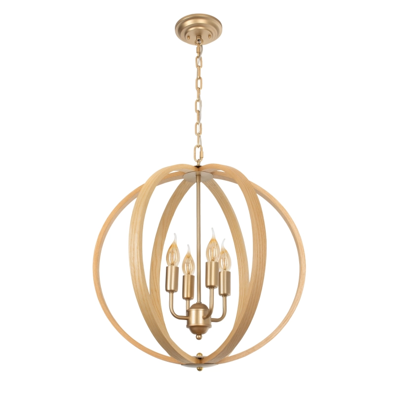 Złota lampa wisząca z drewnianym kloszem w kształcie kuli w rustykalnym stylu MOON.