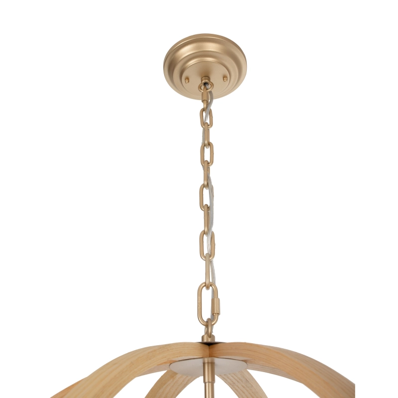 Złota lampa wisząca z drewnianym kloszem w kształcie kuli w rustykalnym stylu MOON - detal.