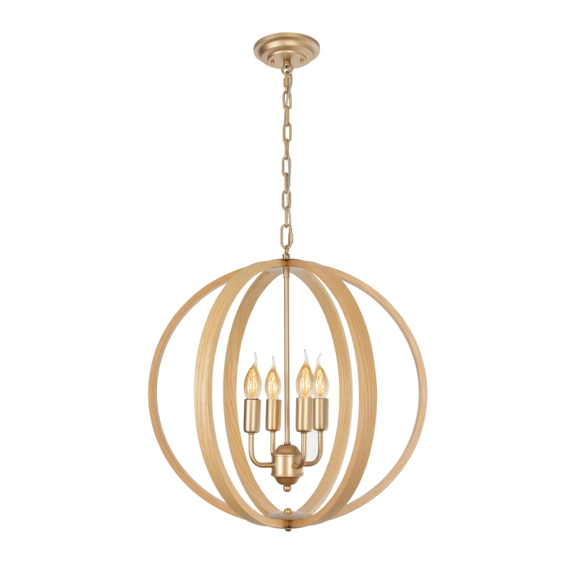 Złota lampa wisząca z drewnianym kloszem w kształcie kuli w rustykalnym stylu MOON.