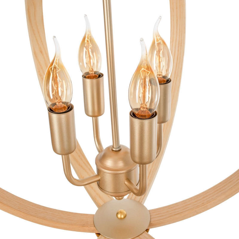 Złota lampa wisząca z drewnianym kloszem w kształcie kuli w rustykalnym stylu MOON - detal.