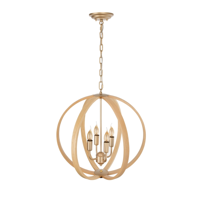 Złota lampa wisząca z drewnianym kloszem w kształcie kuli w rustykalnym stylu MOON.