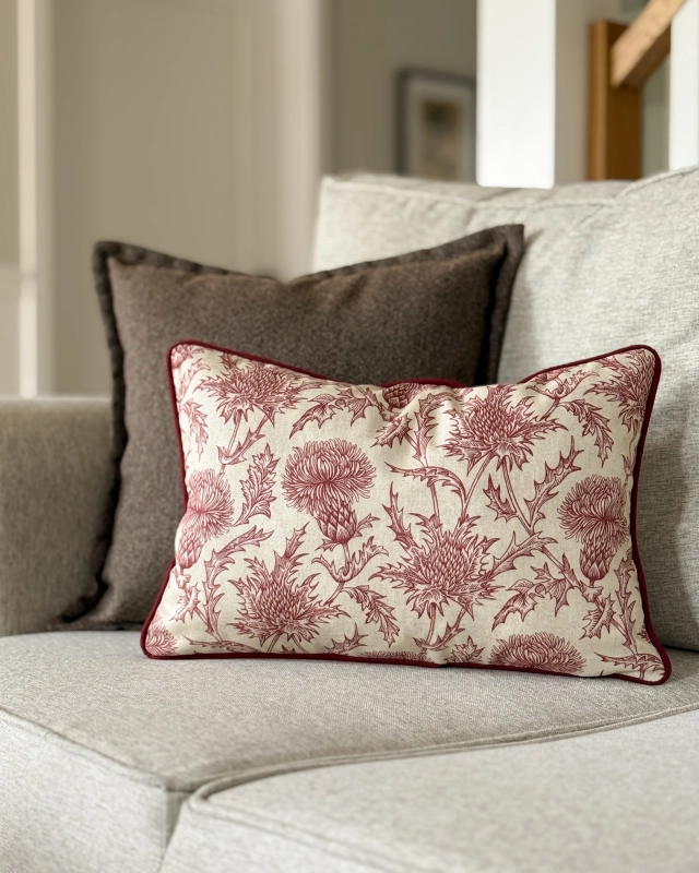 Prostokątna beżowa poszewka z bawełny z bordowym kwiatowym wzorem BORDE 30x45 cm. Ozdobna bordowa poduszka na kanapie.