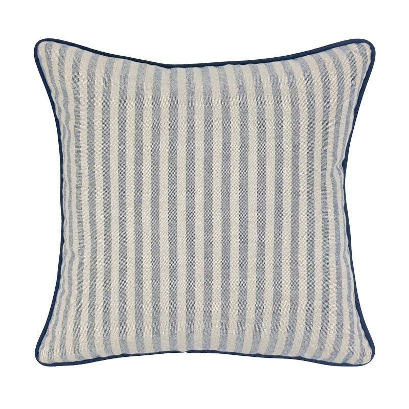 Kwadratowa bawełniana poduszka ozdobna w niebieskie paski na szarobeżowym tle MARINA 45x45 cm.