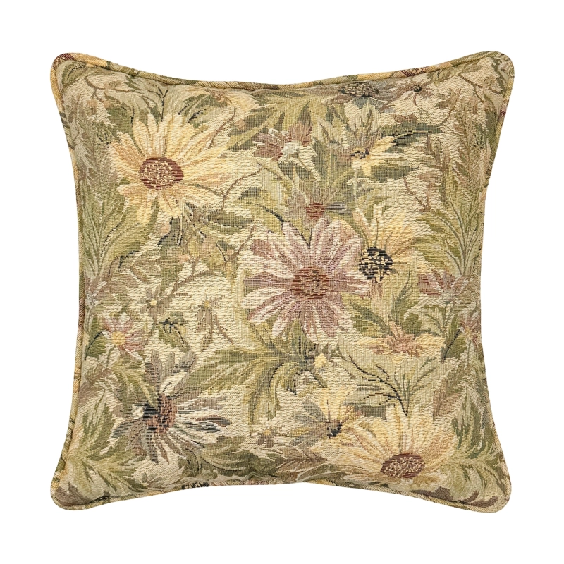 Żakardowa poduszka w kwiaty w stylu vintage w odcieniach żółci, zieleni i różu SOLIA 45x45 cm.