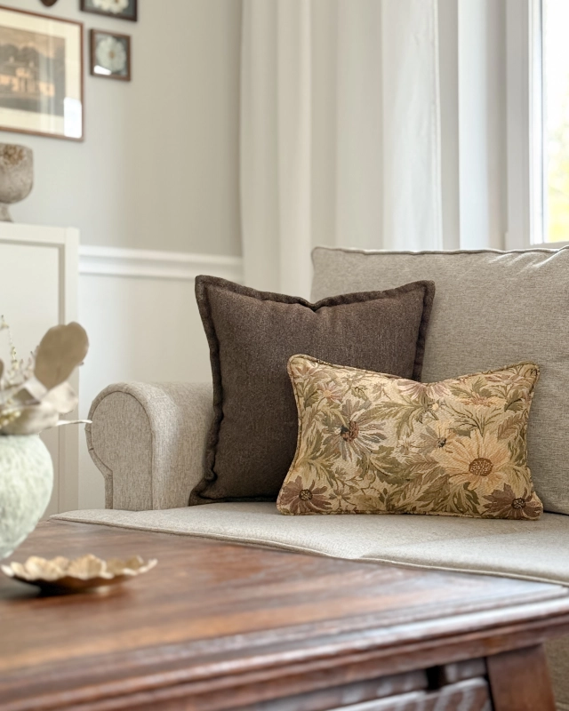 Brązowo-żółty zestaw poduszek żakardowych na kanapę lub fotel.