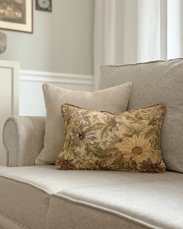 Beżowo-żółty zestaw poduszek tkaninych na kanapę lub fotel.