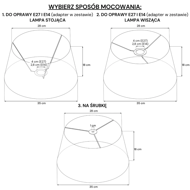 Biało-czarny abażur stożkowy do lampy stołowej stożek 35 cm BASE - rysunek
