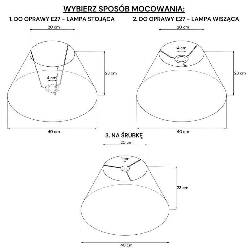 Klasyczny stożkowy abażur w odcieniu złamanej bieli BASE 40/20 cm - rysunek.