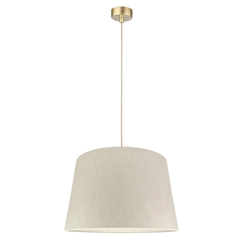 Lniana lampa wisząca ze stożkowym abażurem i złotym zawieszeniem LINO IV.