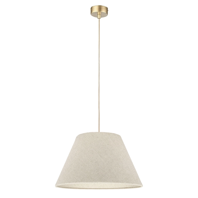 Złota lampa wisząca z lnianym abażurem stożkowym LINO III.