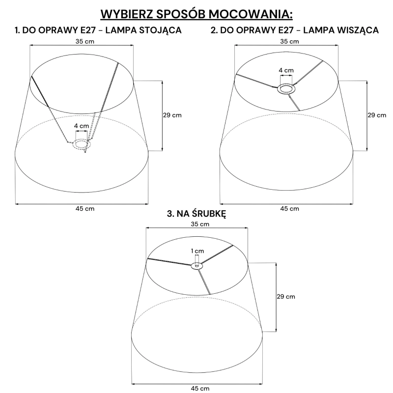 Duży szarobrązowy abażur stożkowy z fioletowym wnętrzem RUBIA stożek 45 cm - rysunek.