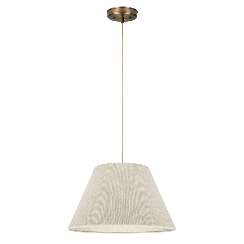 Mosiężna postarzana lampa wisząca z lnianym abażurem stożkowym LINO PATINA III.