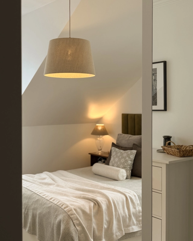 Mosiężna postarzana lampa wisząca z lnianym abażurem stożkowym LINO PATINA IV - aranżacja.