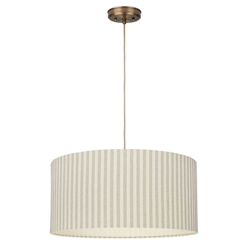 Postarzana mosiężna lampa wisząca z abażurem w beżowe i kremowe paski SAND PATINA II.