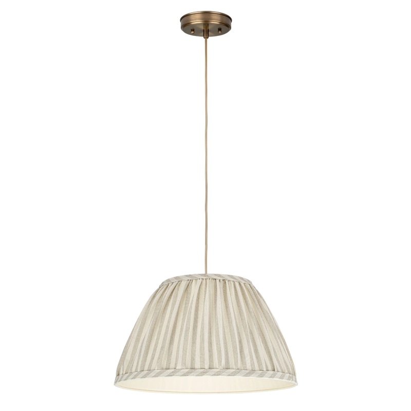 Postarzana mosiężna lampa wisząca ze stożkowym abażurem w beżowe i kremowe paski SAND PATINA III.