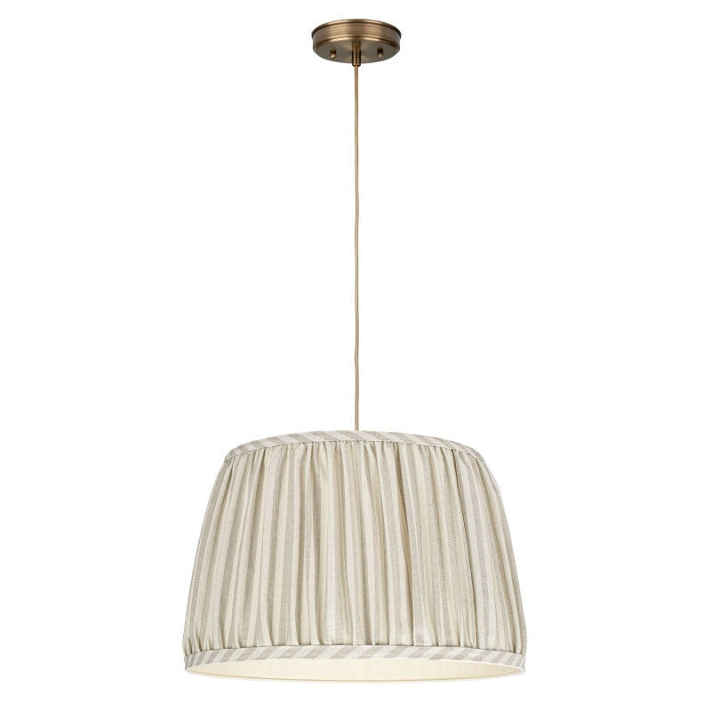 Postarzana mosiężna lampa wisząca ze stożkowym abażurem w beżowe i kremowe paski SAND PATINA IV.