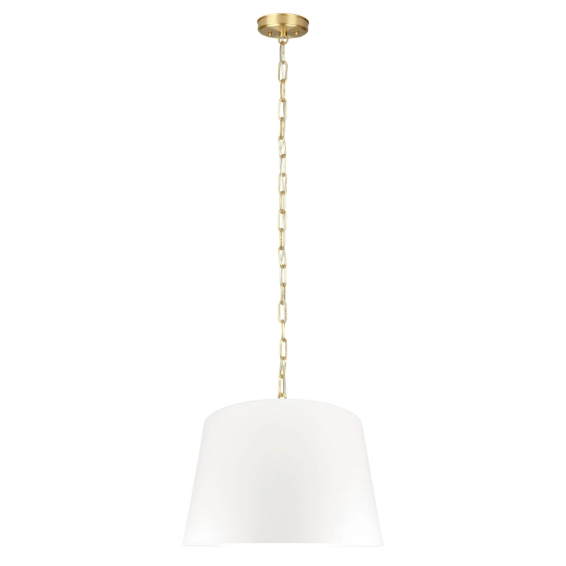 Mosiężna lampa wisząca na łańcuchu z abażurem w kolorze złamanej bieli w kształcie stożka SILIA BRASS I biały.