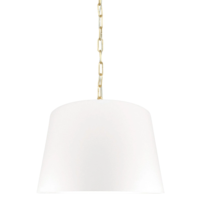 Mosiężna lampa wisząca na łańcuchu z abażurem w kolorze złamanej bieli w kształcie stożka SILIA BRASS I biały.