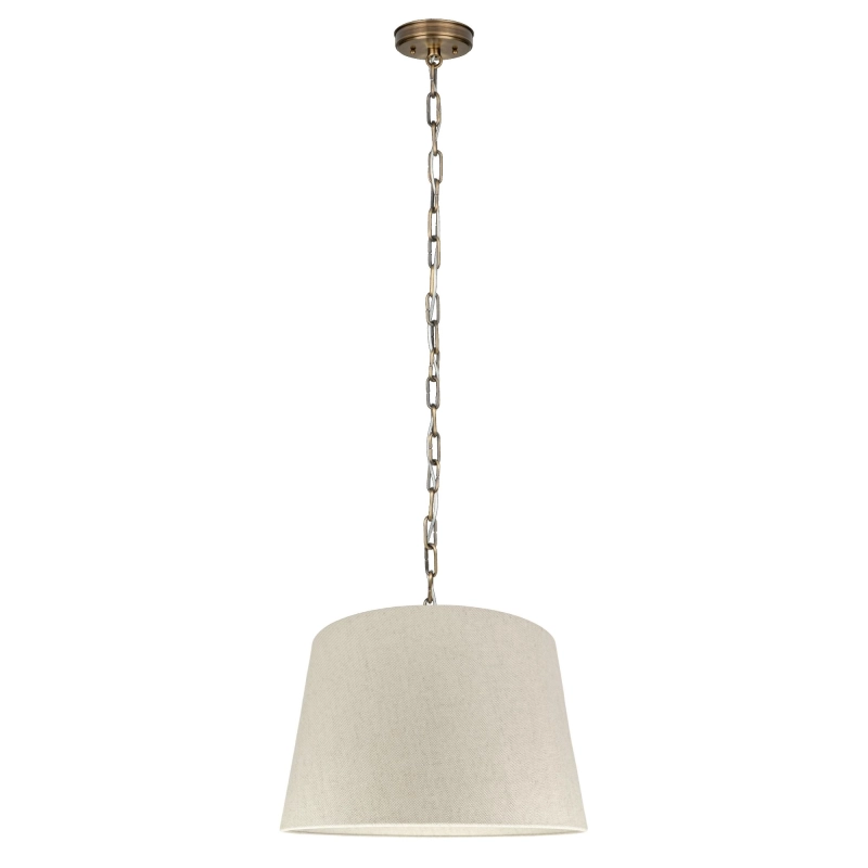 Mosiężna patynowana lampa wisząca na łańcuchu z lnianym abażurem stożkowym SILIA PATINA I len.
