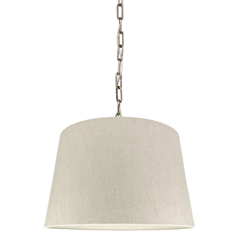 Mosiężna patynowana lampa wisząca na łańcuchu z lnianym abażurem stożkowym SILIA PATINA I len.