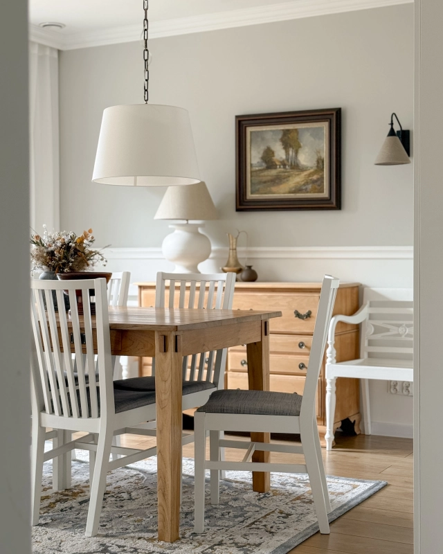 Postarzana mosiężna lampa wisząca z patyną z abażurem złamana biel z bawełny SILIA PATINA I biały w aranżacji jako lampa wisząca nad stół w jadalni w stylu modern farmhouse.