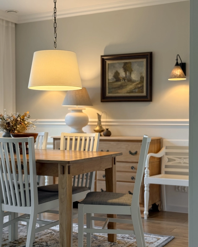 Postarzana mosiężna lampa wisząca z patyną z abażurem złamana biel z bawełny SILIA PATINA I biały w aranżacji jako lampa wisząca nad stół w jadalni w stylu modern farmhouse.