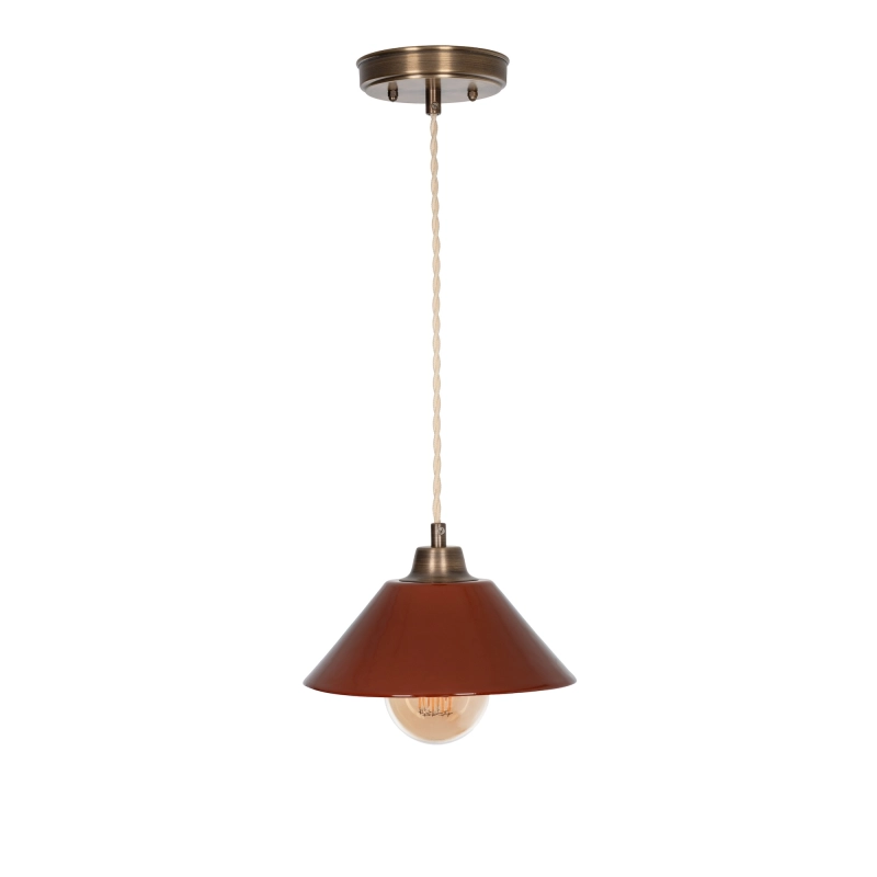 Mosiężna lampa wisząca z ceramicznym bordowym kloszem MILA PATINA WIDE Carmine.