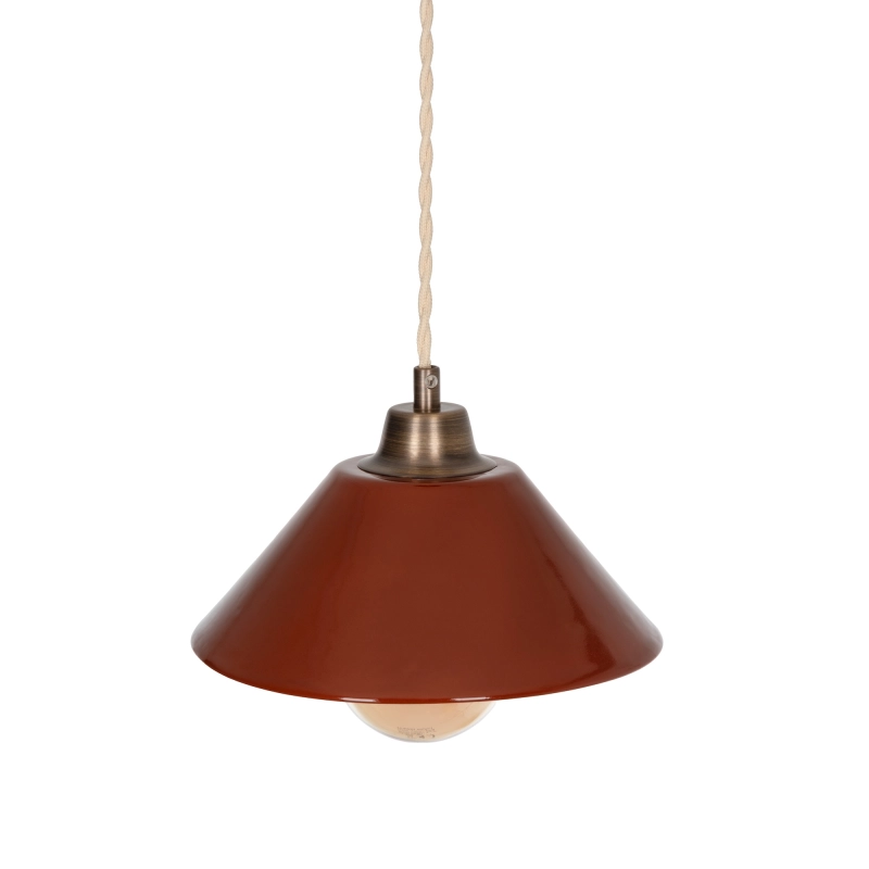 Mosiężna lampa wisząca z ceramicznym bordowym kloszem MILA PATINA WIDE Carmine.