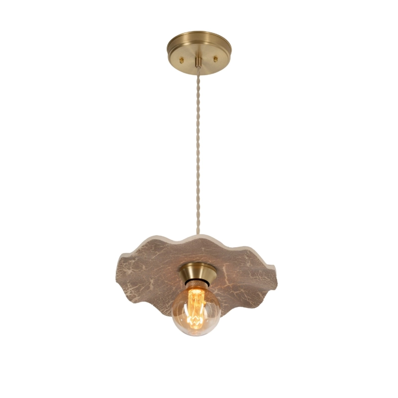 Mosiężna lampa wisząca z ceramicznym pofalowanym kloszem w popielatym odcieniu  beżu ze spękaną strukturą ARIA PATINA Raw.