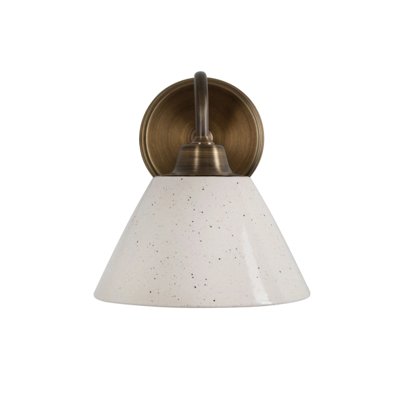 Postarzanny mosiężny kinkiet z ceramicznym kloszem w kolorze złamanej bieli MILO PATINA Ivory.