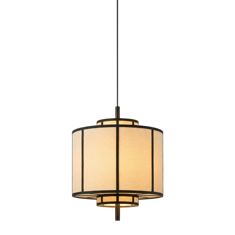 Jasnobeżowa lampa wisząca z abażurem w japońskim stylu z czarnymi tasiemkami AURA 40 cm.