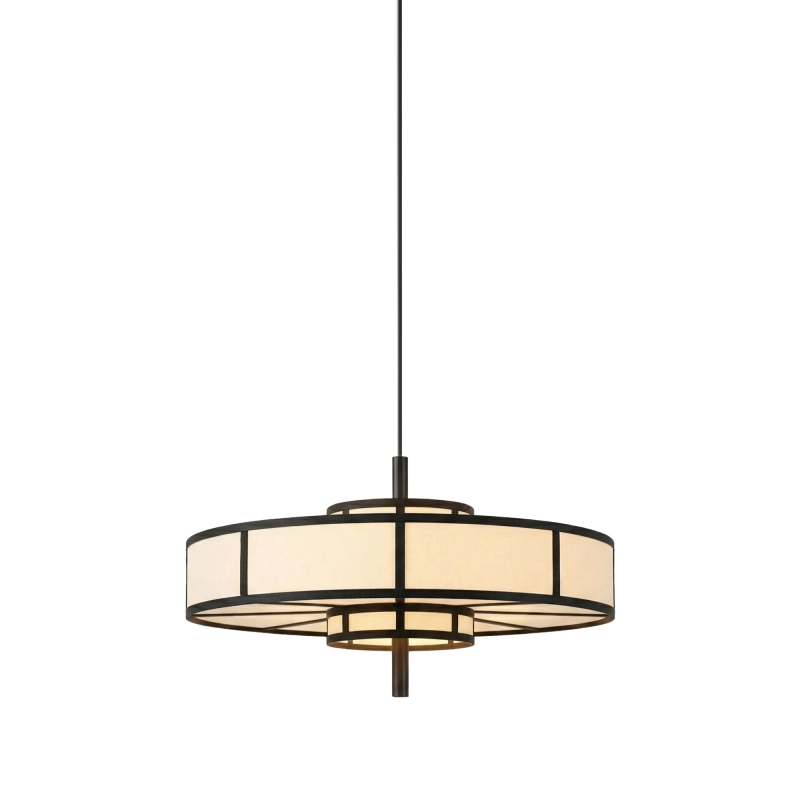 Dekoracyjna cylindryczna lampa wisząca z jasnobeżowym abażurem w japońskim stylu z czarnymi tasiemkami AURA 60 cm.