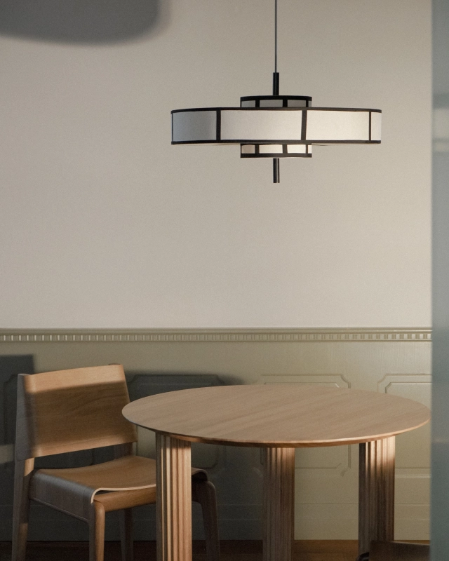 Dekoracyjna cylindryczna lampa wisząca z jasnobeżowym abażurem w japońskim stylu z czarnymi tasiemkami AURA 60 cm.