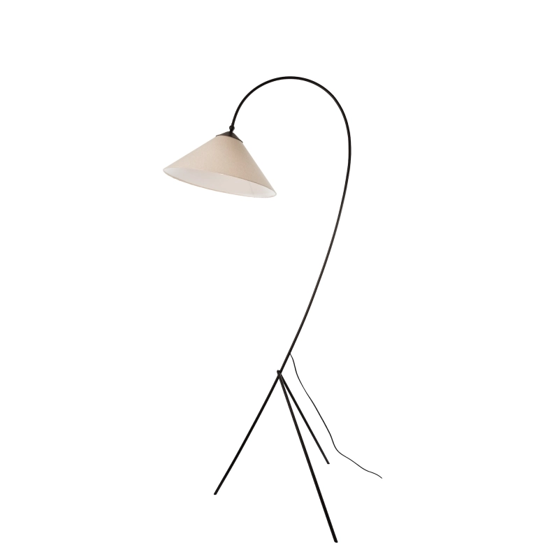 Duża czarna lampa podłogowa trójnóg ze stożkowym lnianym abażurem LEN.