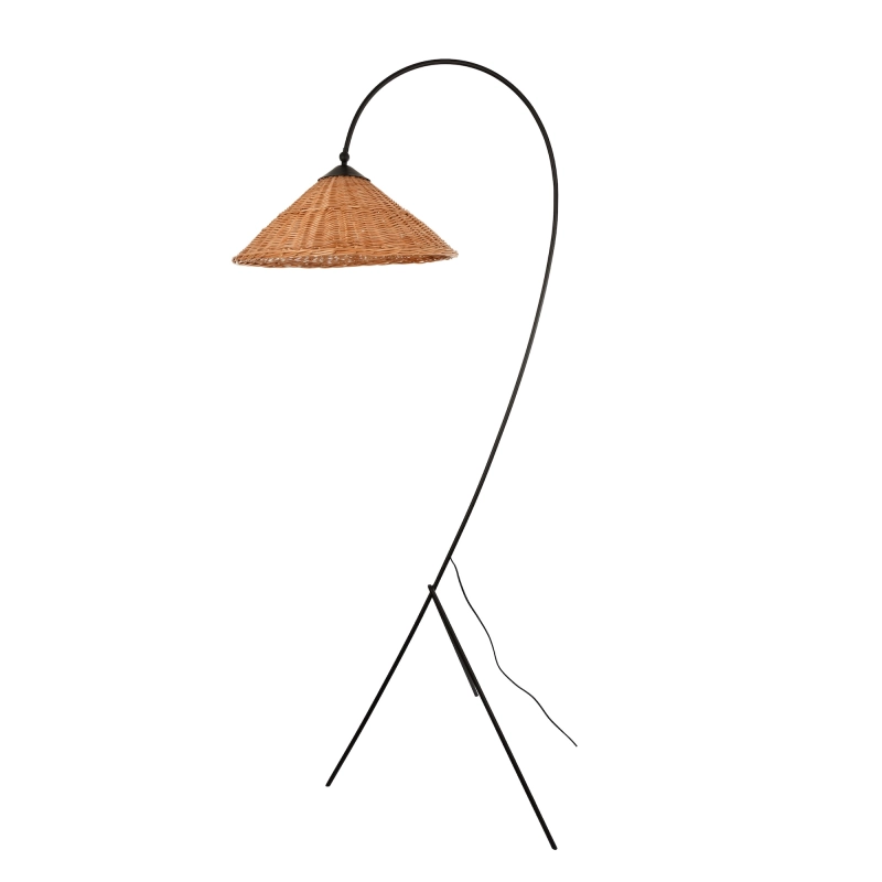 Duża minimalistyczna czarna lampa podłogowa z wiklinowym abażurem.