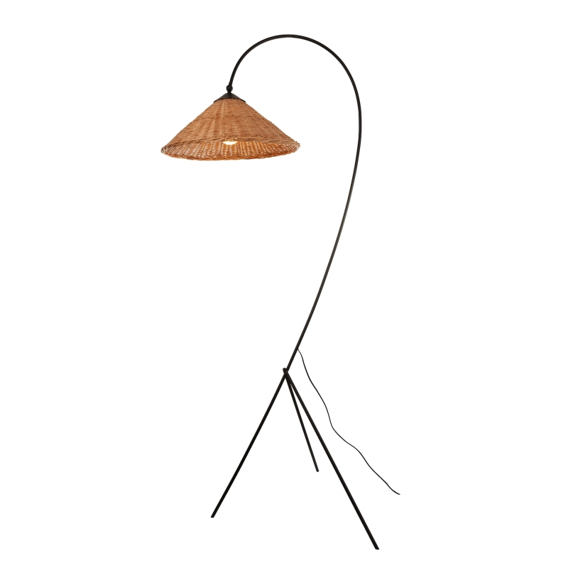 Duża minimalistyczna czarna lampa podłogowa z wiklinowym abażurem.