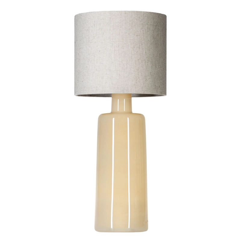 Duża kremowa lampa stołowa MADERA CREAM z białego szkła z kremową połyskującą powłoką z lnianym abażurem w kształcie walca.